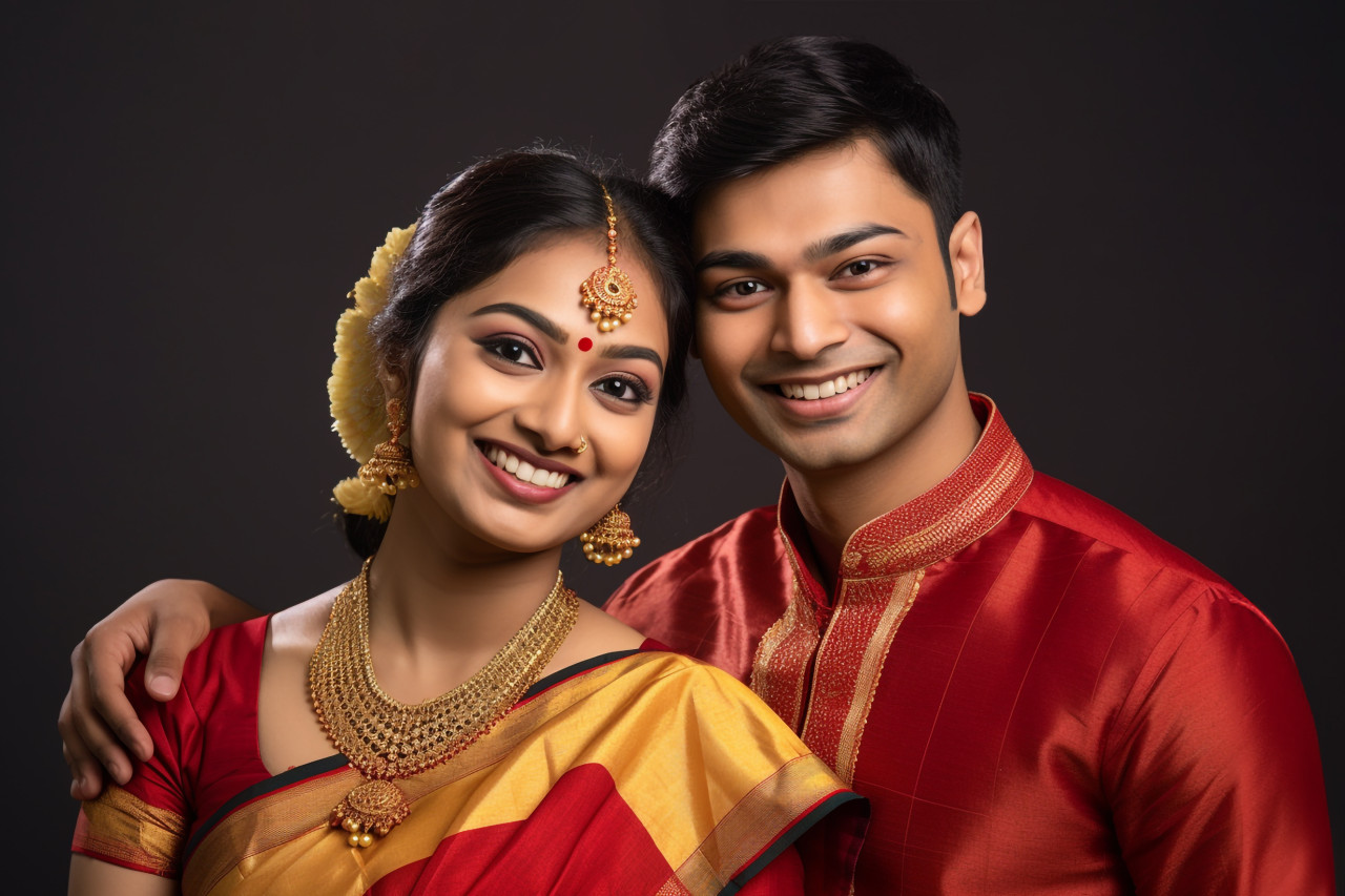 A photo of a happy indian young couple in traditional clothes, standing together and smiling, family diwali celebration image
