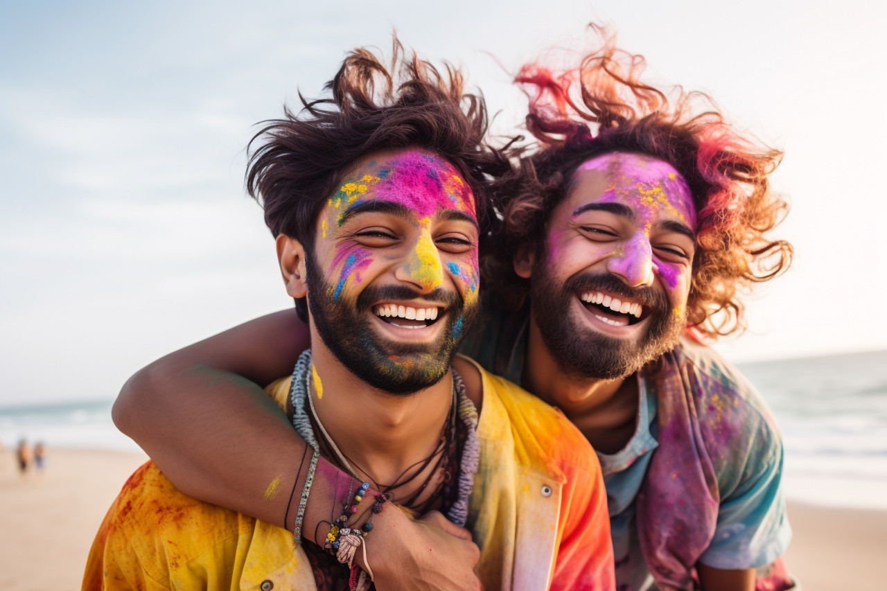 Photo of two stylish young indian men hugging on the beach during holi, family diwali celebration image