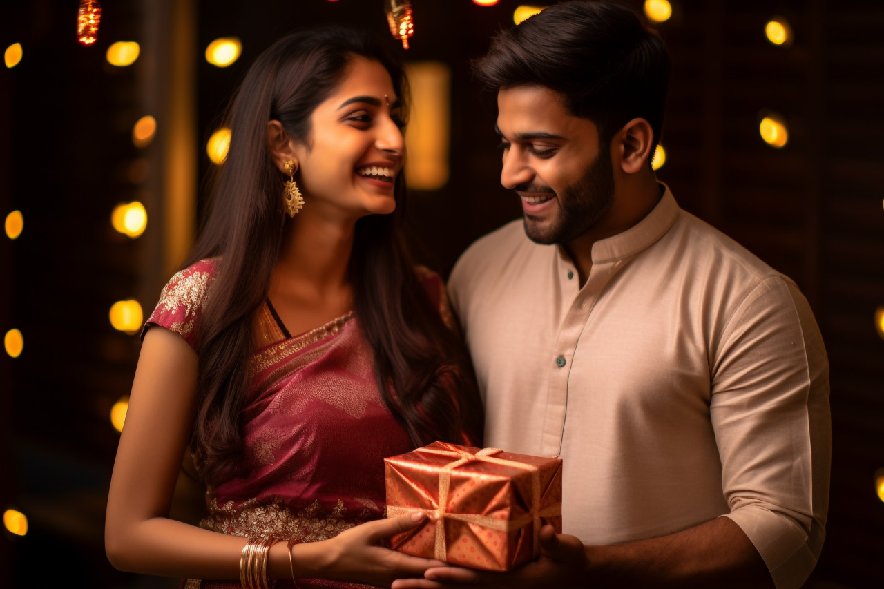 A photo of a happy young indian couple holding a gift box and looking at each other celebrating diwali, family diwali celebration image