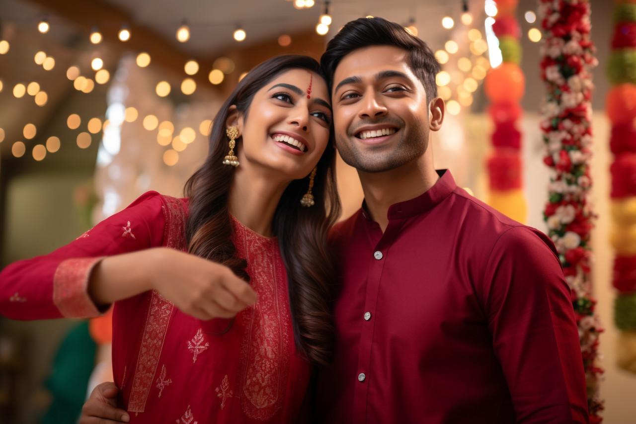 Indian couple taking happy selfies during a festival, family diwali celebration image