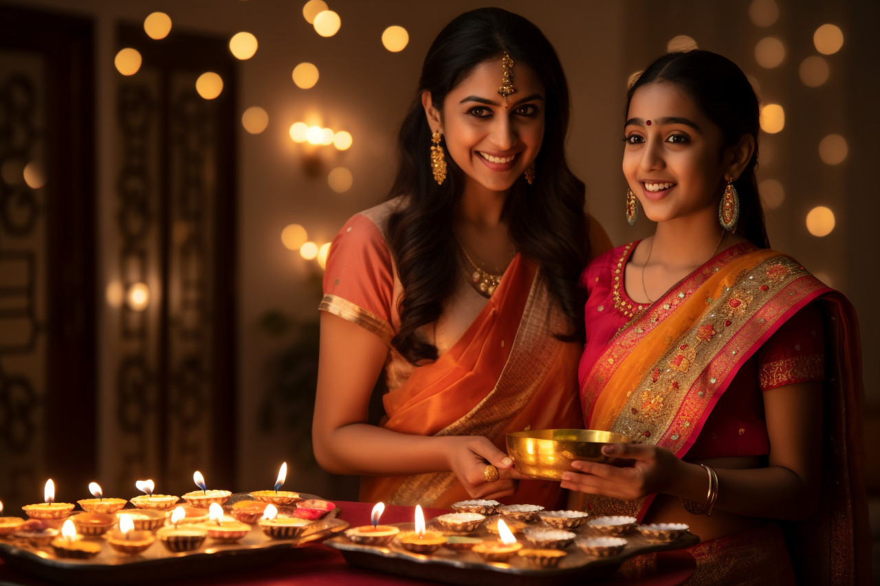 A picture of a mother and her daughter holding diyas at home while celebrating diwali, family diwali celebration image