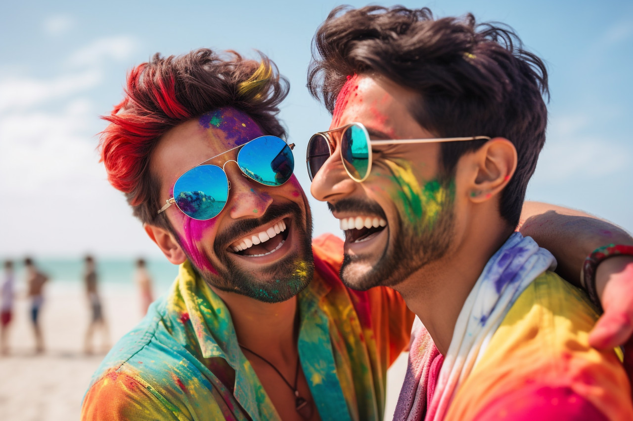 Photo of two stylish young indian men hugging on the beach during holi, family diwali celebration image