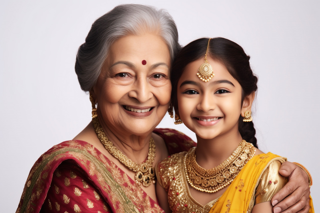 A photo of an older indian woman and her young daughter in traditional clothes on diwali, family diwali celebration image