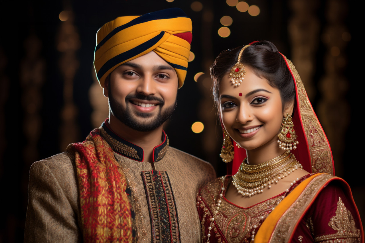 A photo of a happy indian young couple in traditional clothes, standing together and smiling, family diwali celebration image