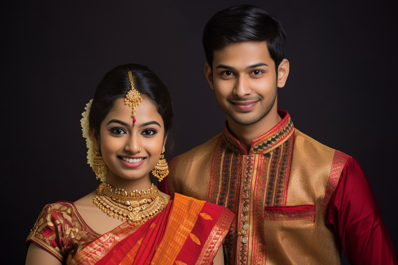 A photo of a happy indian young couple in traditional clothes, standing together and smiling, family diwali celebration image