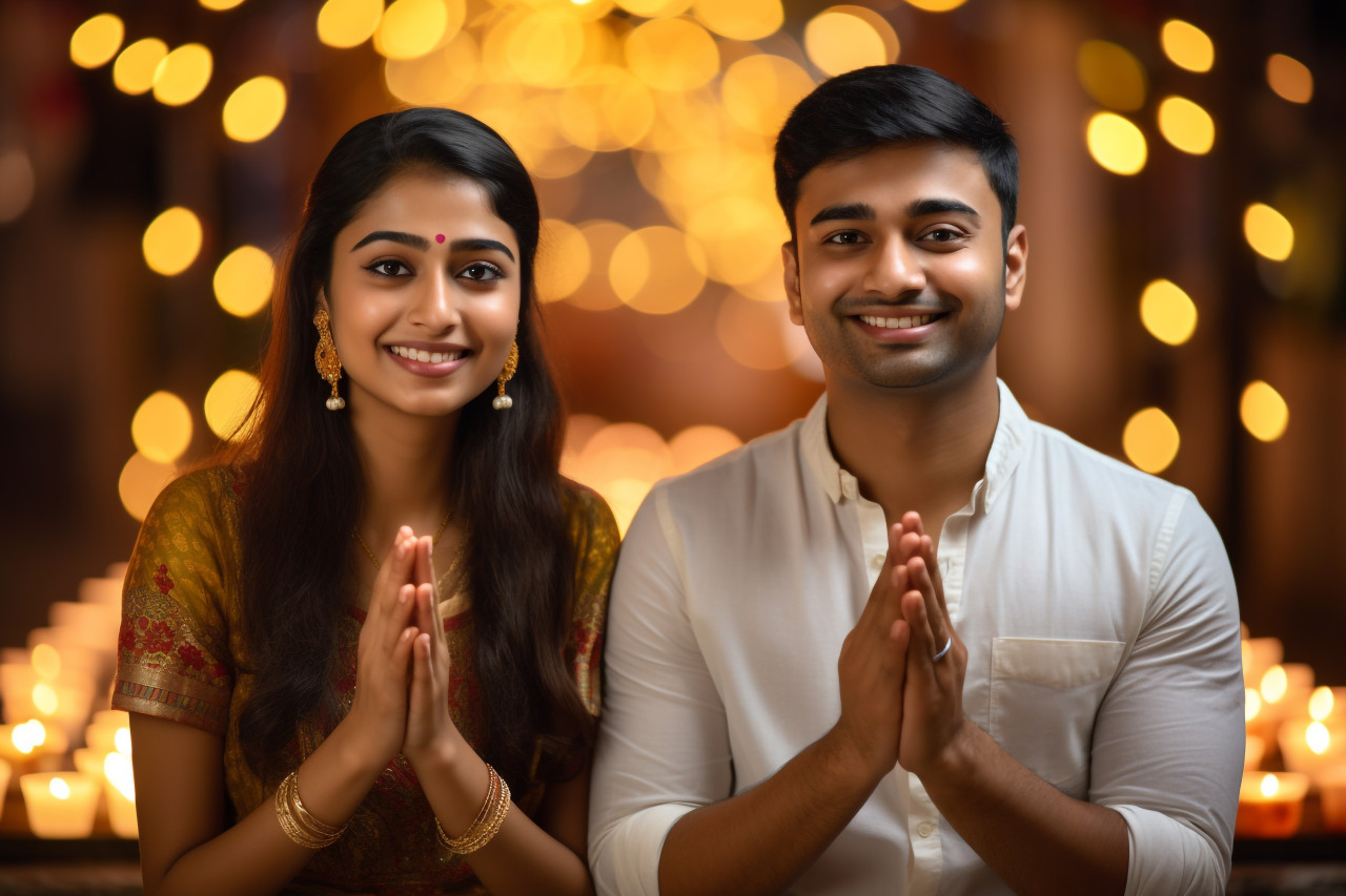 A photo of a happy young indian couple standing with their hands folded in the namaskara pose welcoming guests during the diwali festival, family diwali celebration image