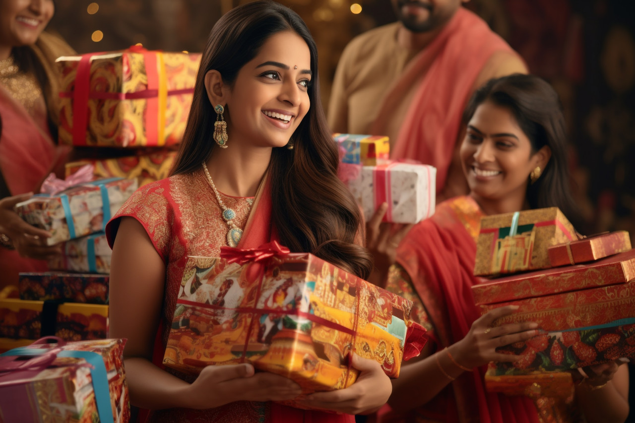 A picture of a man and woman from india wearing traditional clothes and holding presents, family diwali celebration image