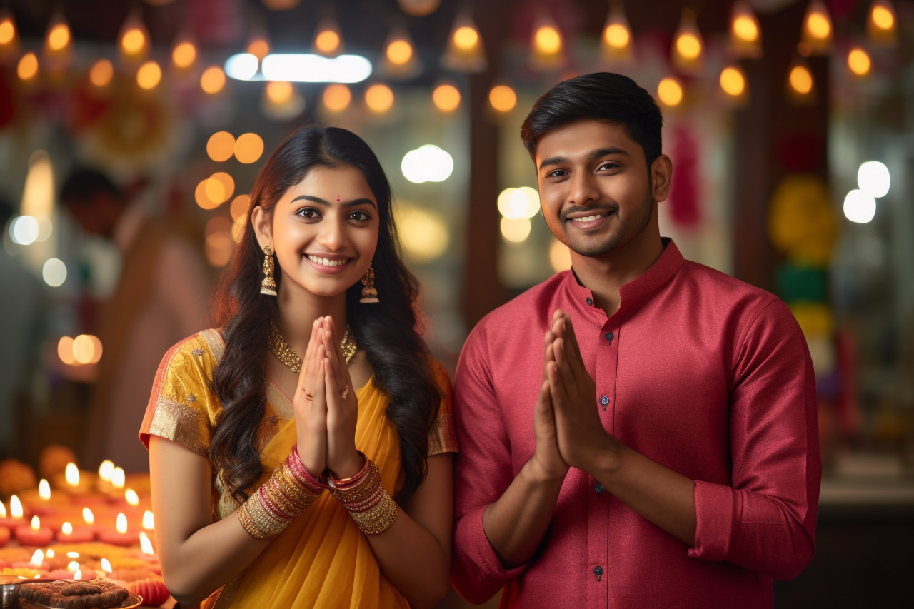 A photo of a happy young indian couple standing with their hands folded in the namaskara pose welcoming guests during the diwali festival, family diwali celebration image