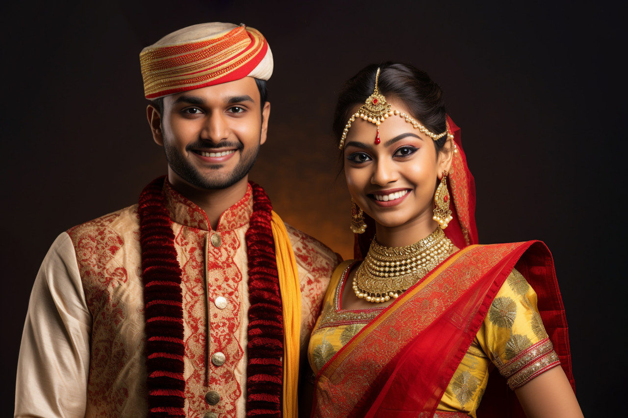 A photo of a happy indian young couple in traditional clothes, standing together and smiling, family diwali celebration image