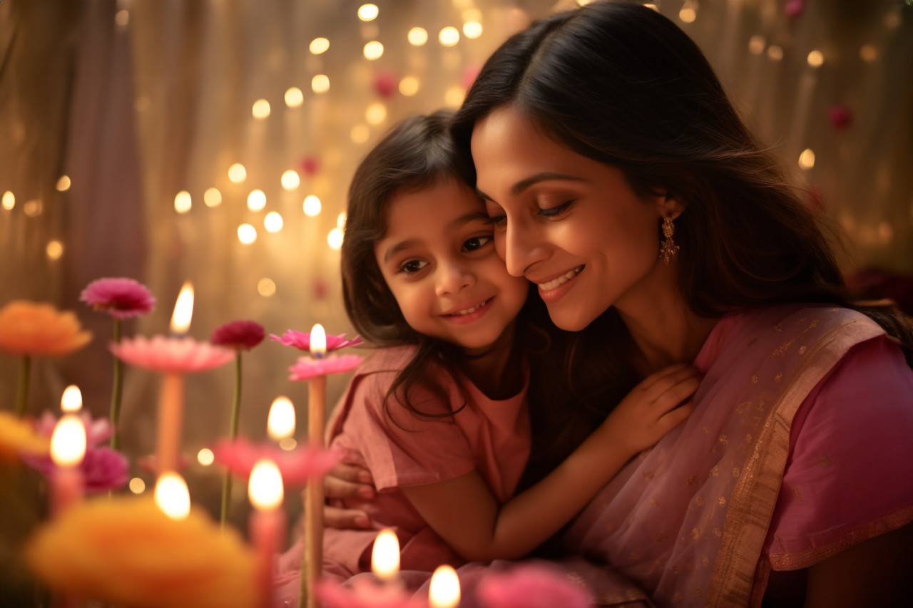 A picture of a young mom and her pretty daughter hugging each other during diwali, family diwali celebration image