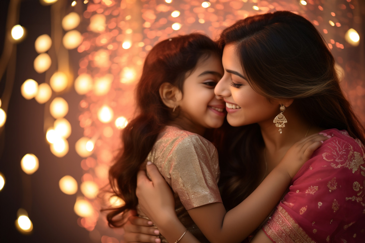 A picture of a young mom and her pretty daughter hugging each other during diwali, family diwali celebration image