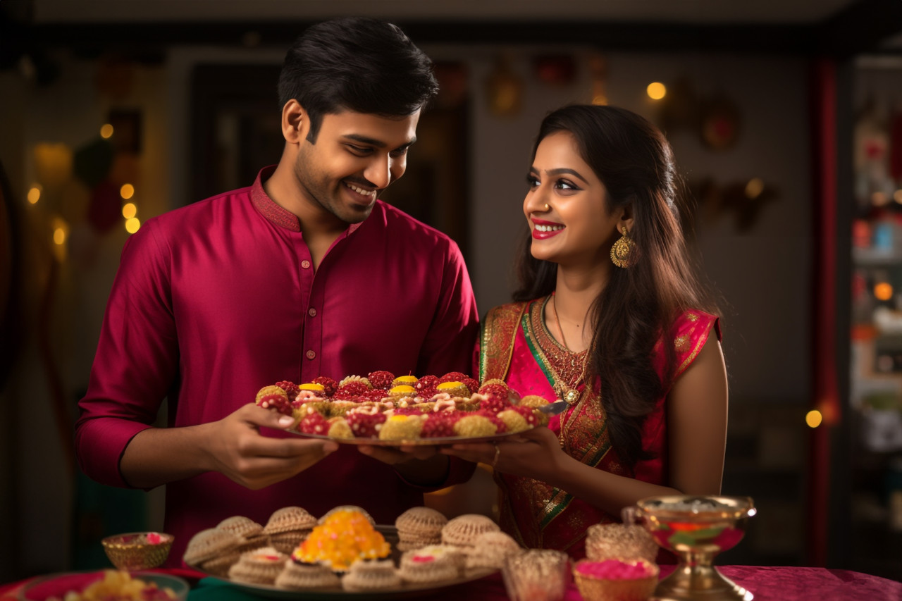 A photo of a happy young couple in traditional clothes holding sweets and a pooja thali looking at the camera, family diwali celebration image