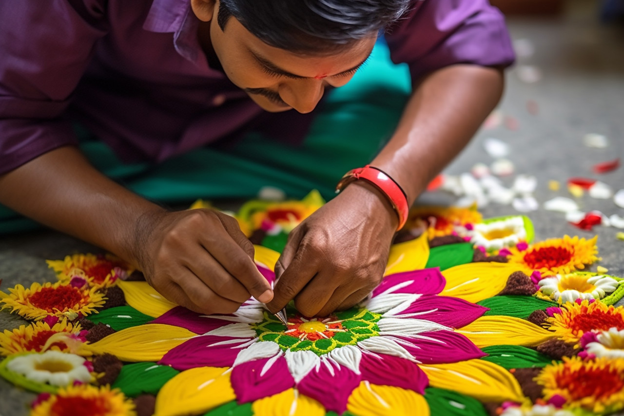 A photo of an indian couple making a flower design on the floor to celebrate diwali or onam, family diwali celebration image