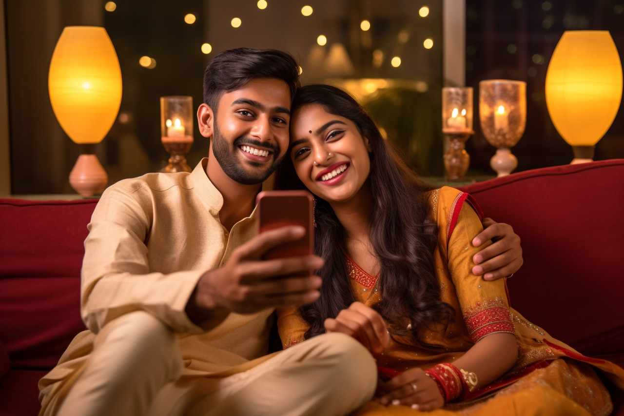 A photo of an indian couple taking a selfie with their smartphone on diwali or at a wedding party while sitting on a sofa, family diwali celebration image