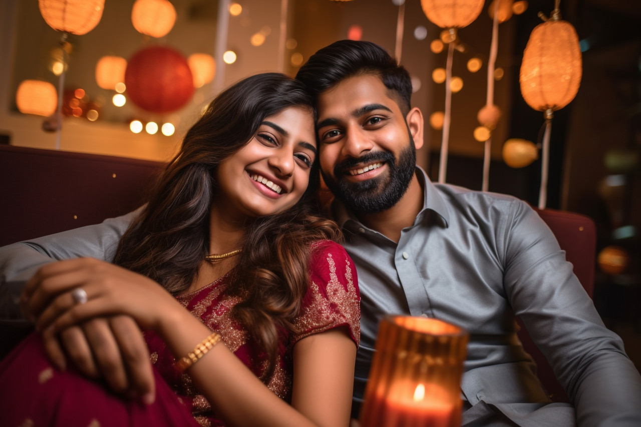 A photo of an indian couple taking a selfie with their smartphone on diwali or at a wedding party while sitting on a sofa, family diwali celebration image