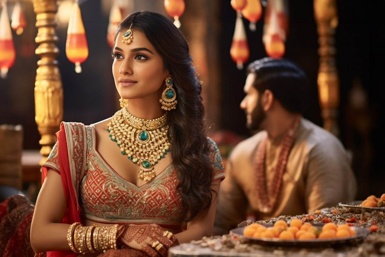 A photo of a young beautiful indian woman in jewelry and traditional clothes sitting and waiting with her husband in the background, family diwali celebration image