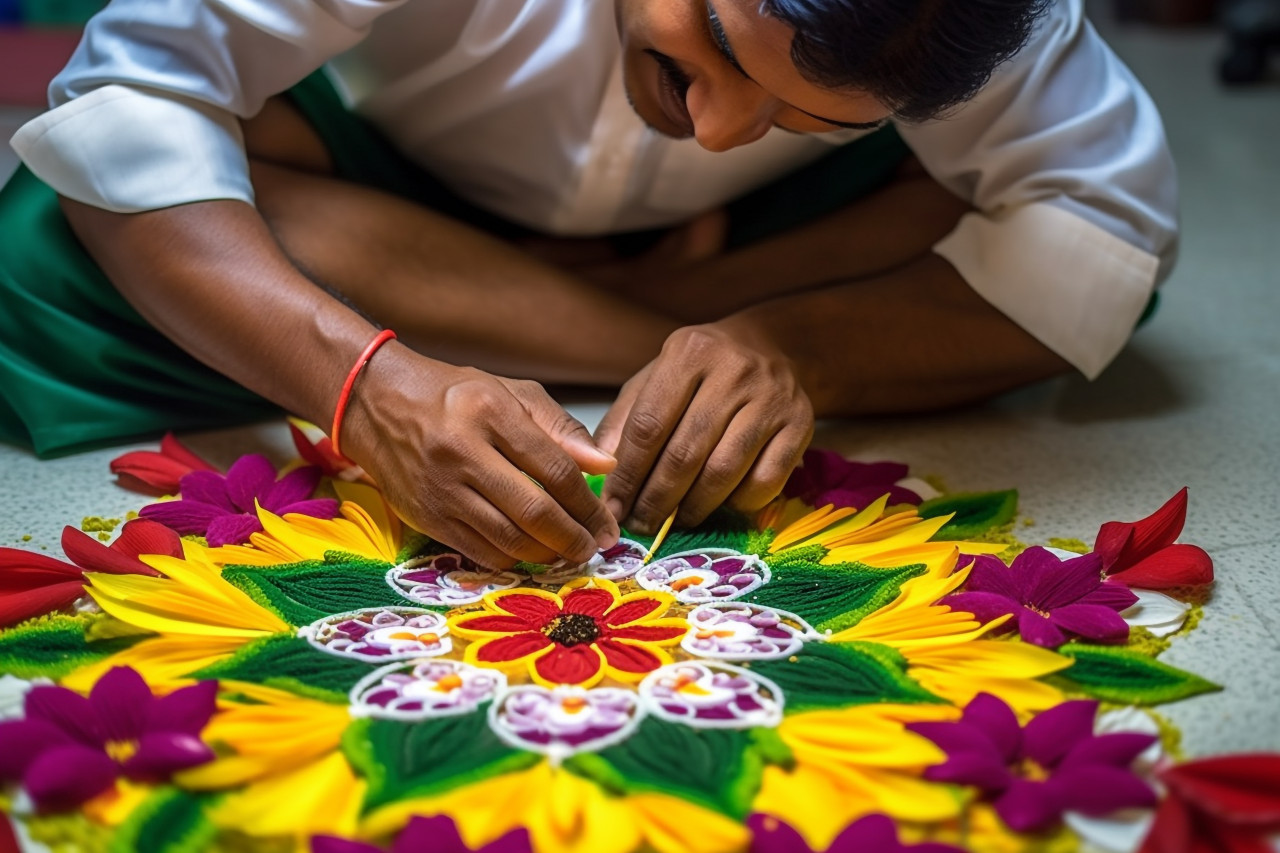 A photo of an indian couple making a flower design on the floor to celebrate diwali or onam, family diwali celebration image