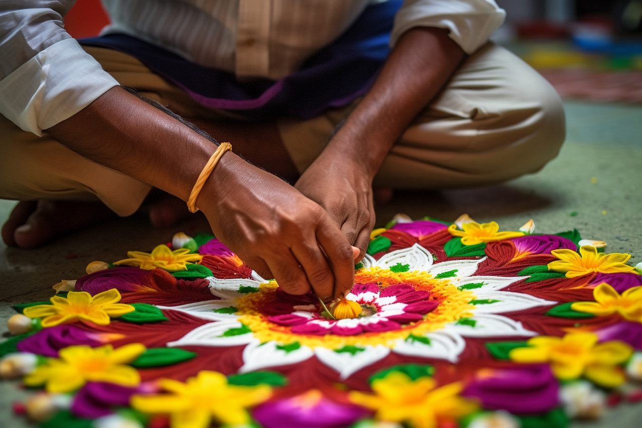 A photo of an indian couple making a flower design on the floor to celebrate diwali or onam, family diwali celebration image