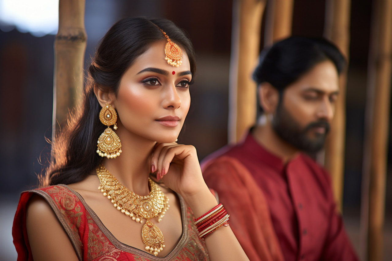 A photo of a young beautiful indian woman in jewelry and traditional clothes sitting and waiting with her husband in the background