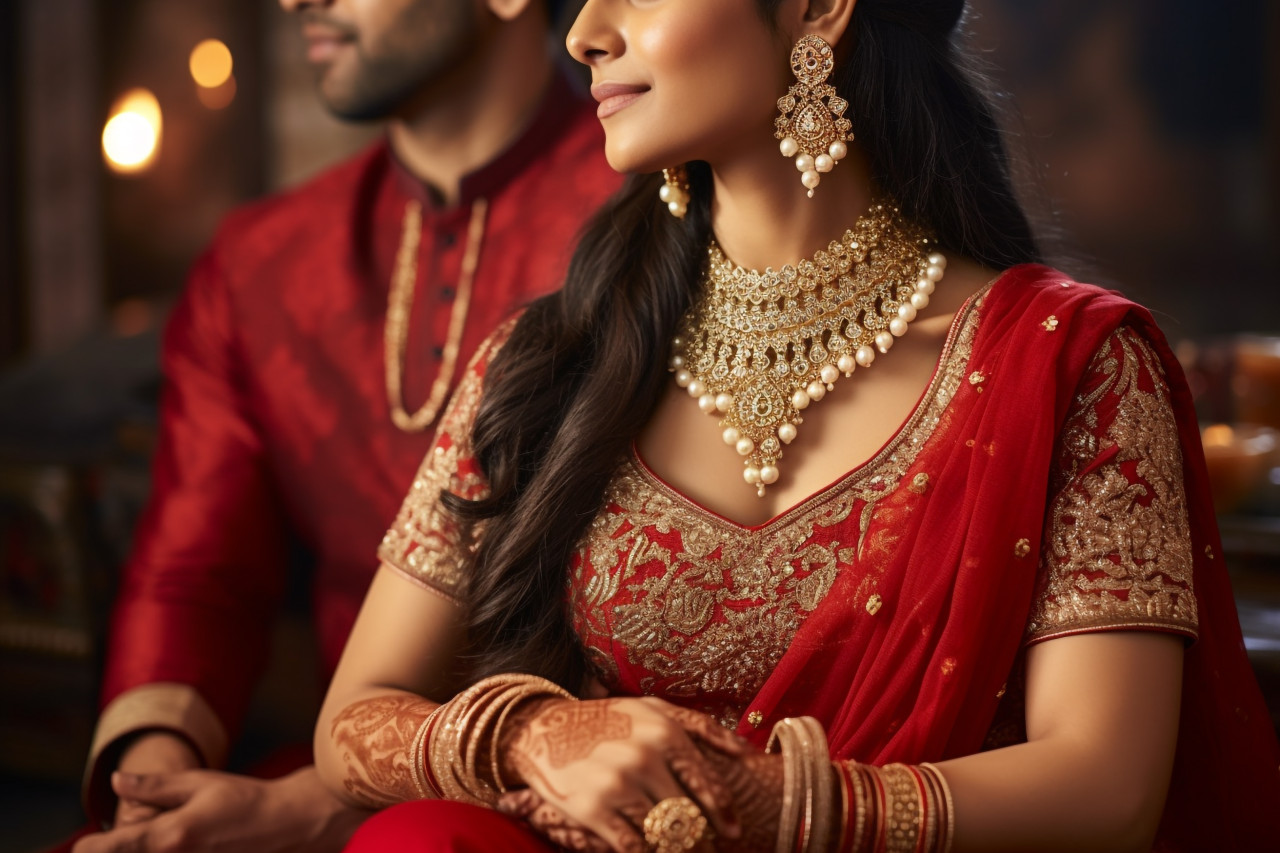 A photo of a young beautiful indian woman in jewelry and traditional clothes sitting and waiting with her husband in the background, family diwali celebration image
