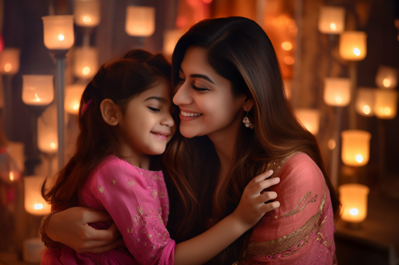 A picture of a young mom and her pretty daughter hugging each other during diwali, family diwali celebration image