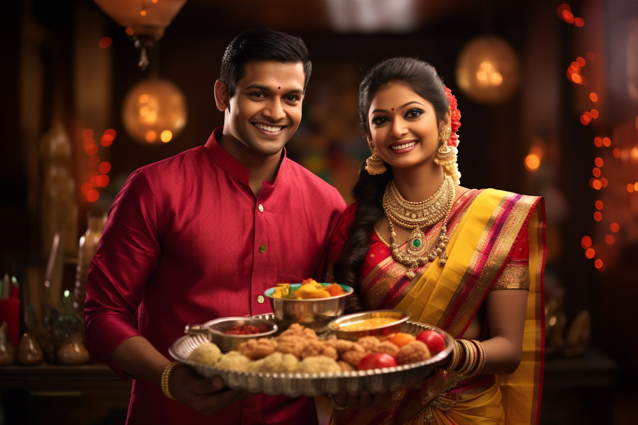 A photo of a happy young couple in traditional clothes holding sweets and a pooja thali looking at the camera, family diwali celebration image