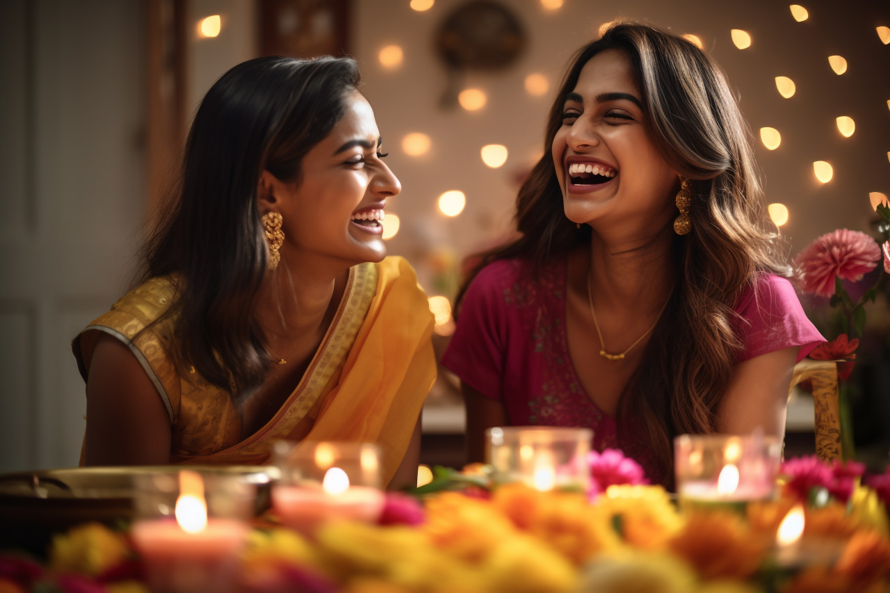 A photo of two young women laughing together at home during diwali, family diwali celebration image