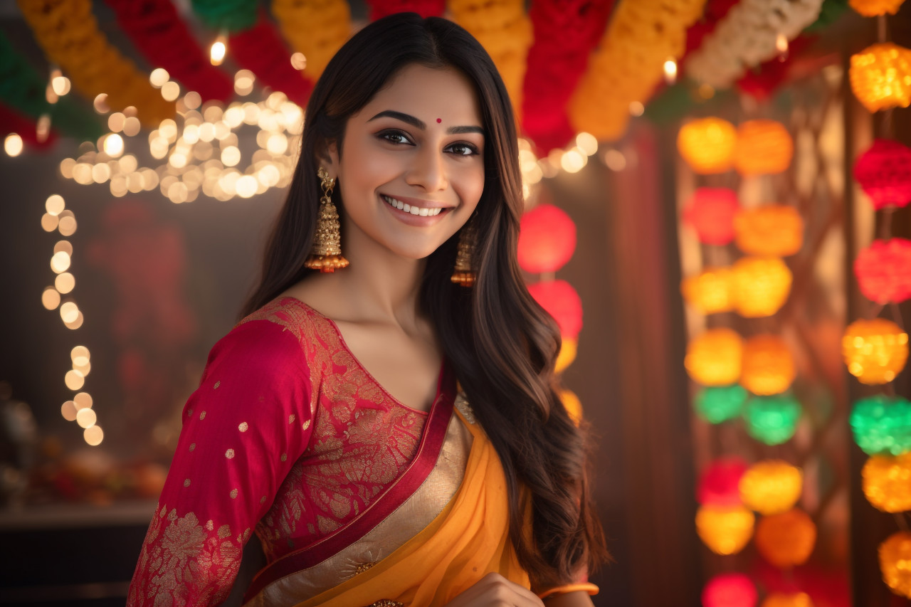 A photo of a beautiful young indian woman in a traditional sari dress greeting her sister on diwali, family diwali celebration image