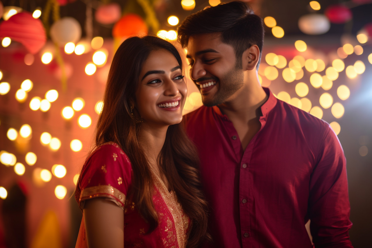 A picture of a happy young indian couple having fun during the diwali holiday, family diwali celebration image