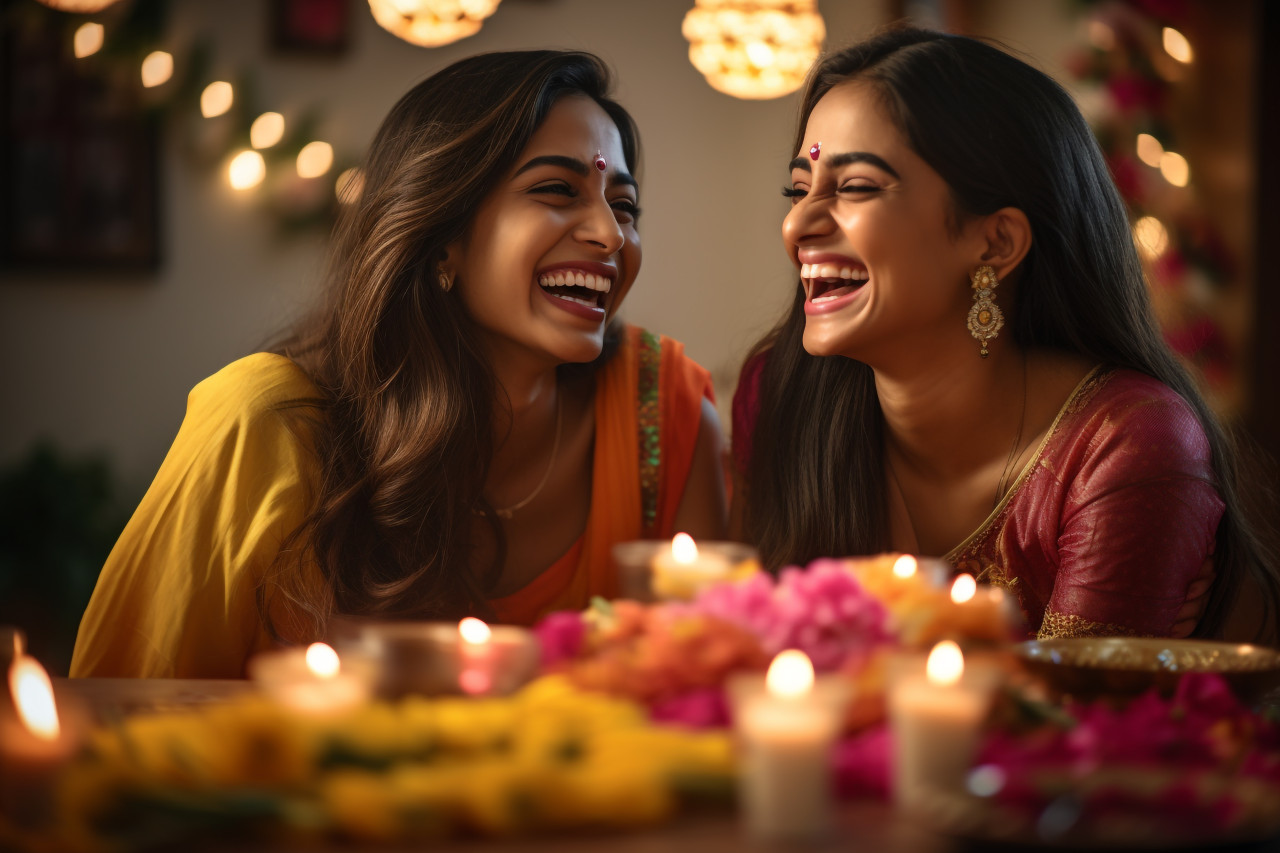 A photo of two young women laughing together at home during diwali, family diwali celebration image