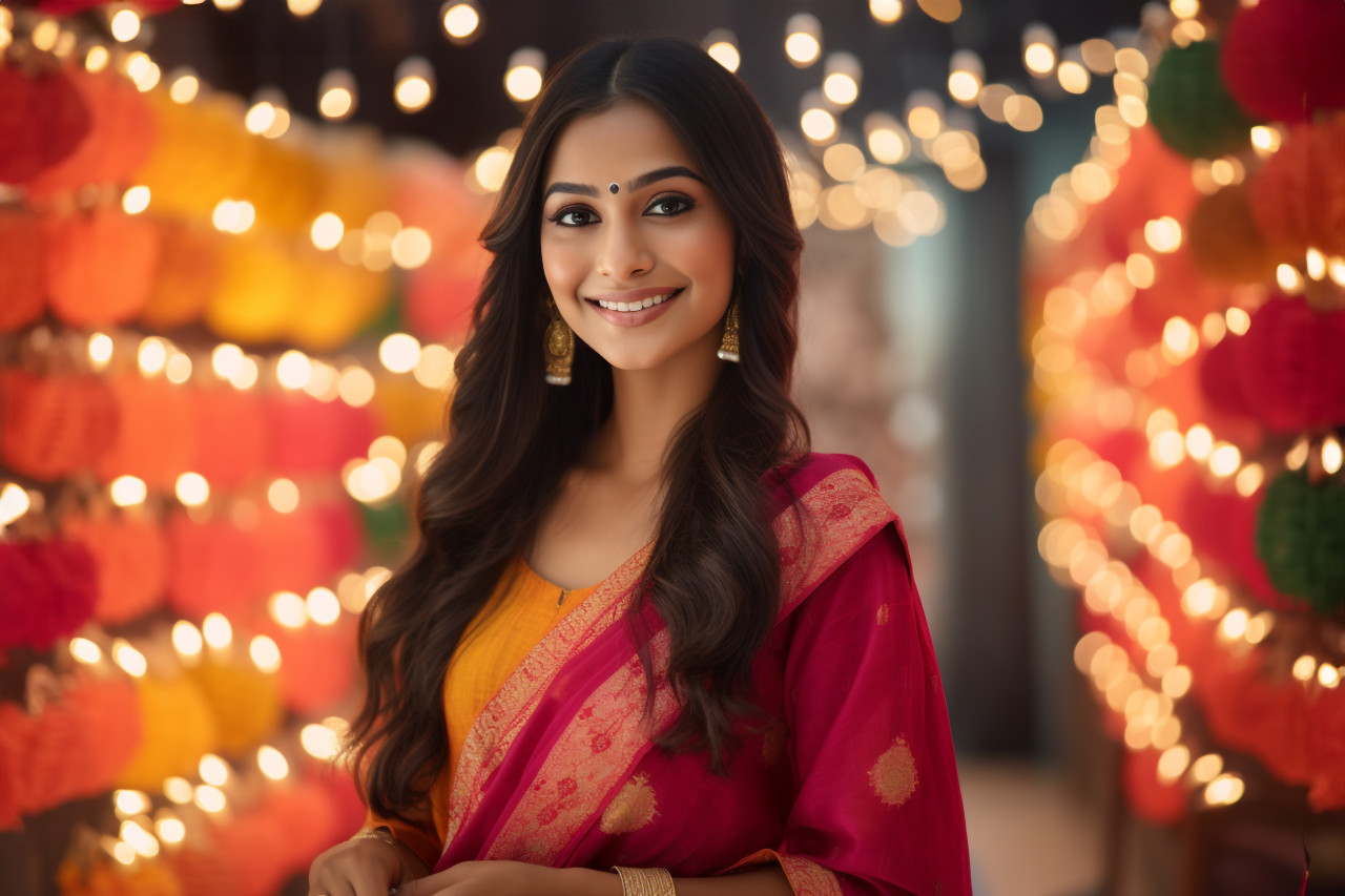 A photo of a beautiful young indian woman in a traditional sari dress greeting her sister on diwali, family diwali celebration image