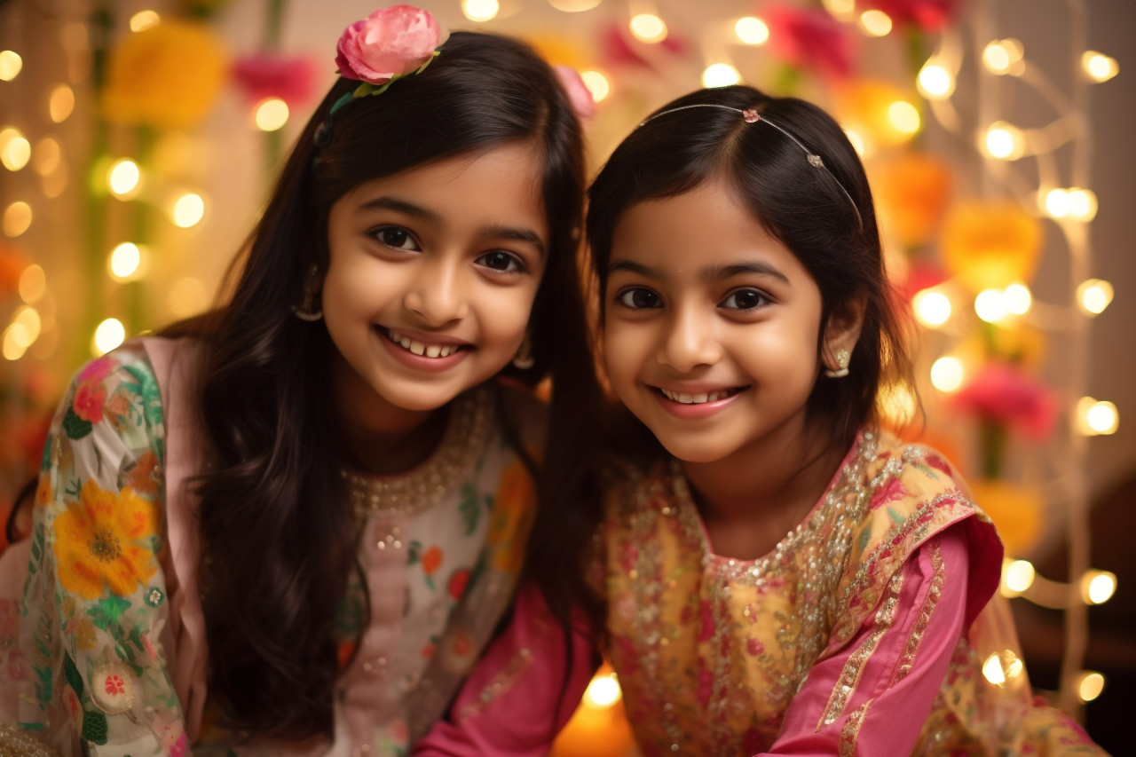 Two indian children, a brother and sister, dressed up in traditional indian clothing, family diwali celebration image