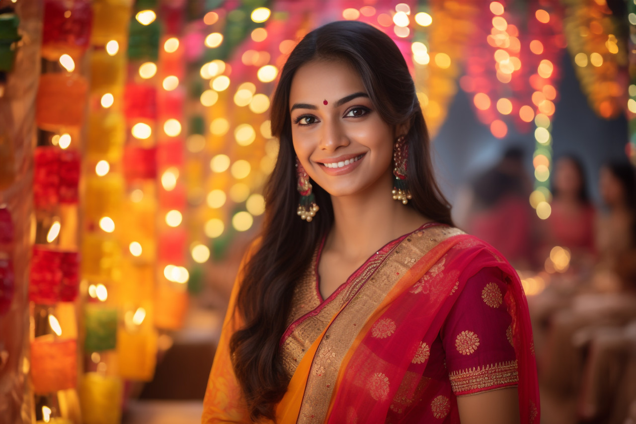 A photo of a beautiful young indian woman in a traditional sari dress greeting her sister on diwali, family diwali celebration image