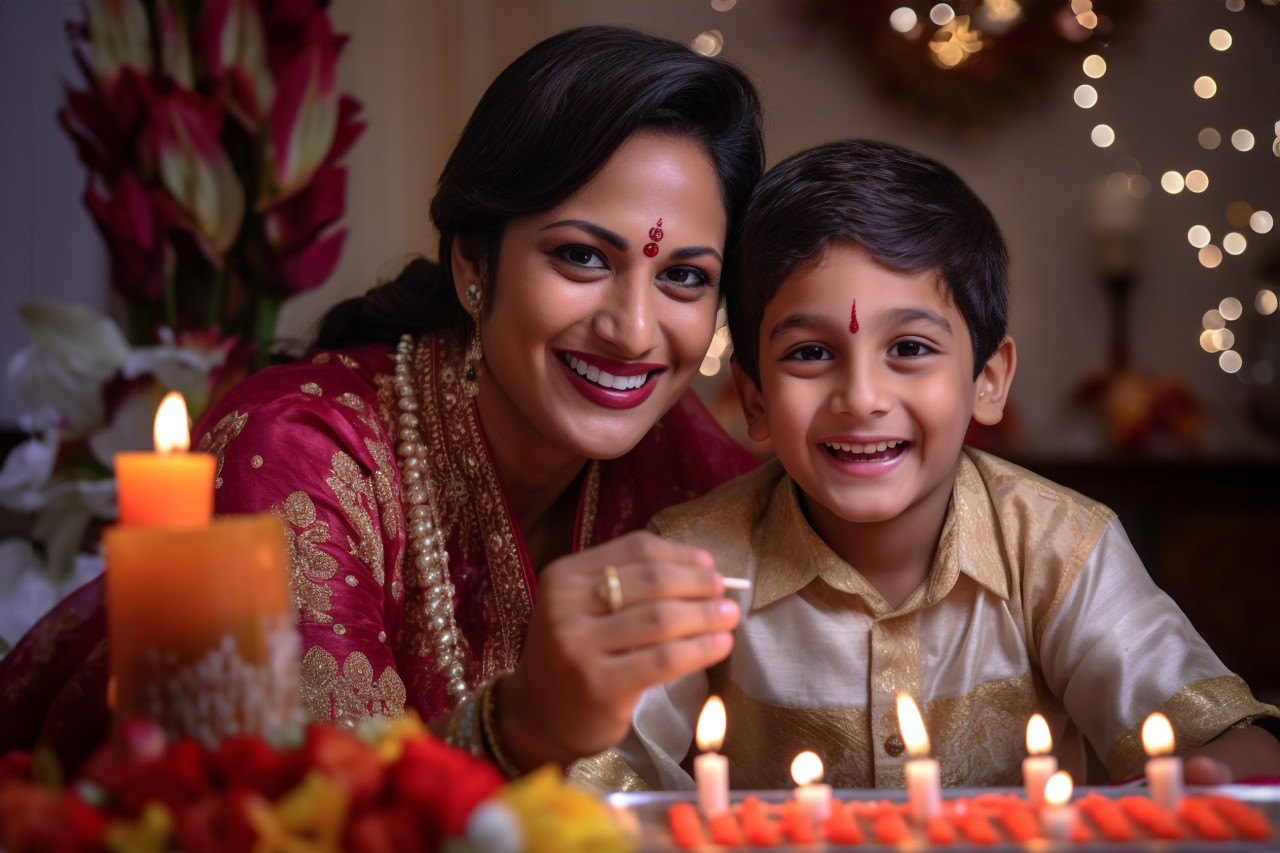 A photo of a mother and son using a mobile phone to video call their loved ones and wish them a happy diwali, family diwali celebration image