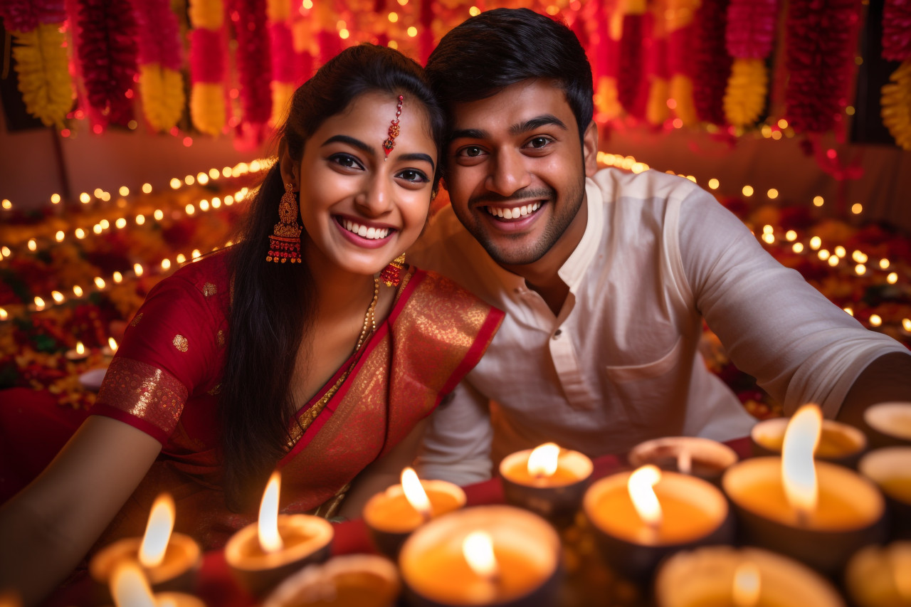 A picture of a happy young indian couple having fun during the diwali holiday, family diwali celebration image