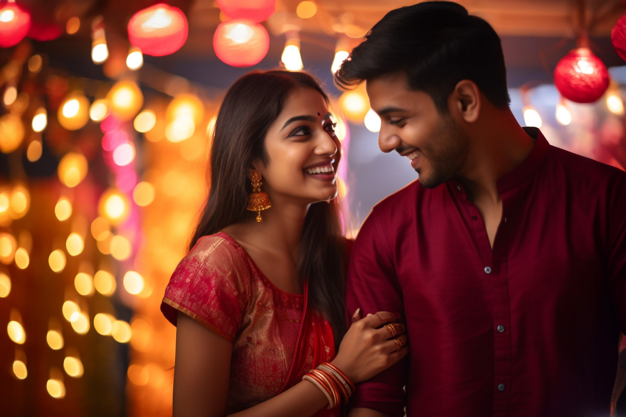 A picture of a happy young indian couple having fun during the diwali holiday, family diwali celebration image