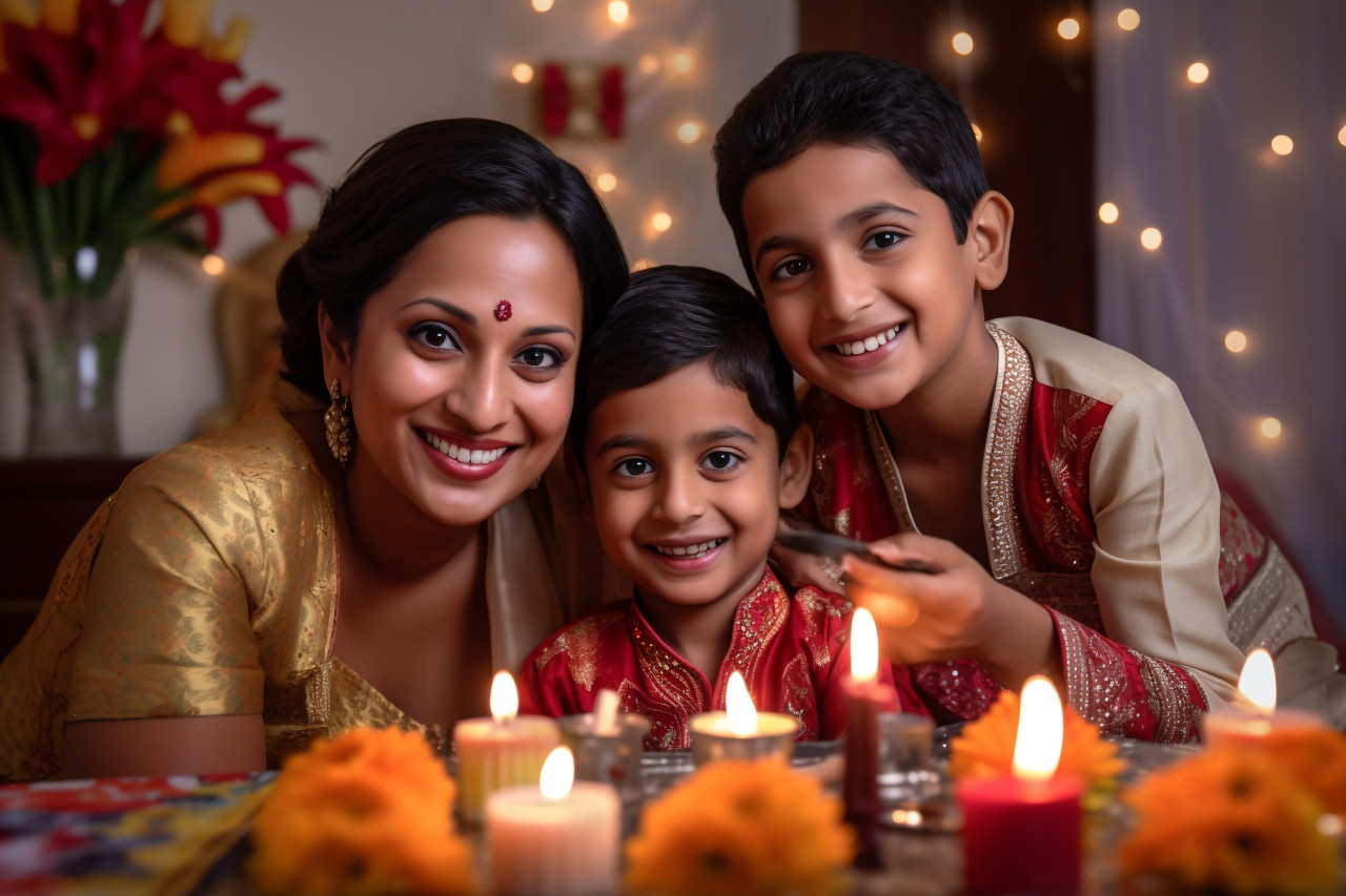 A photo of a mother and son using a mobile phone to video call their loved ones and wish them a happy diwali, family diwali celebration image