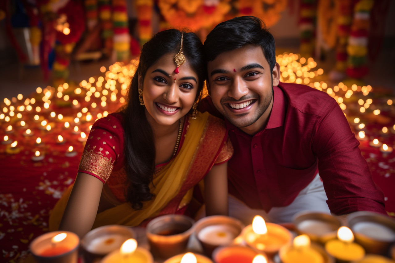 A picture of a happy young indian couple having fun during the diwali holiday, family diwali celebration image