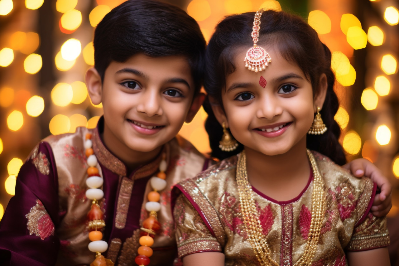 Two indian children, a brother and sister, dressed up in traditional indian clothing, family diwali celebration image