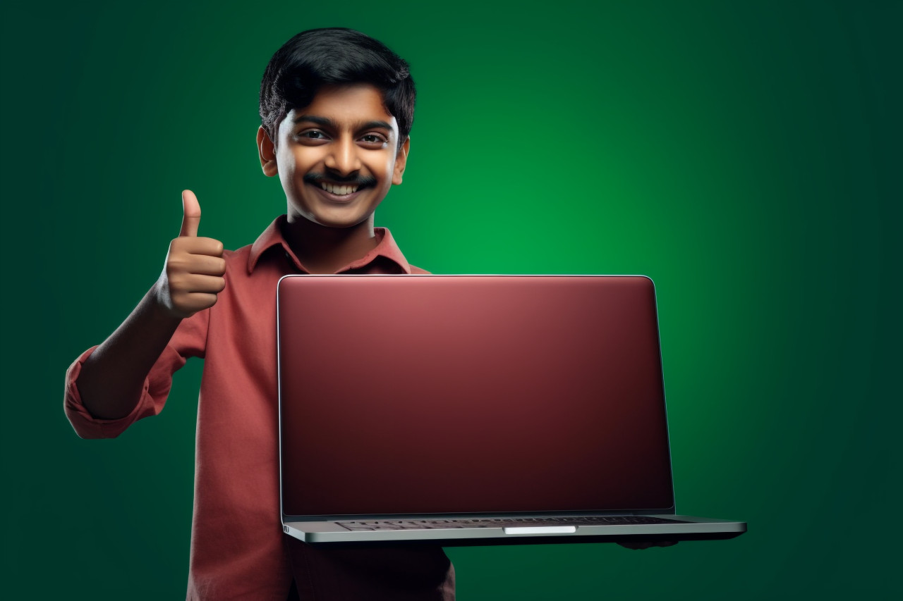 A picture of a young indian boy holding a laptop with a blank green screen and giving a thumbs up to the camera, kids indoor activities