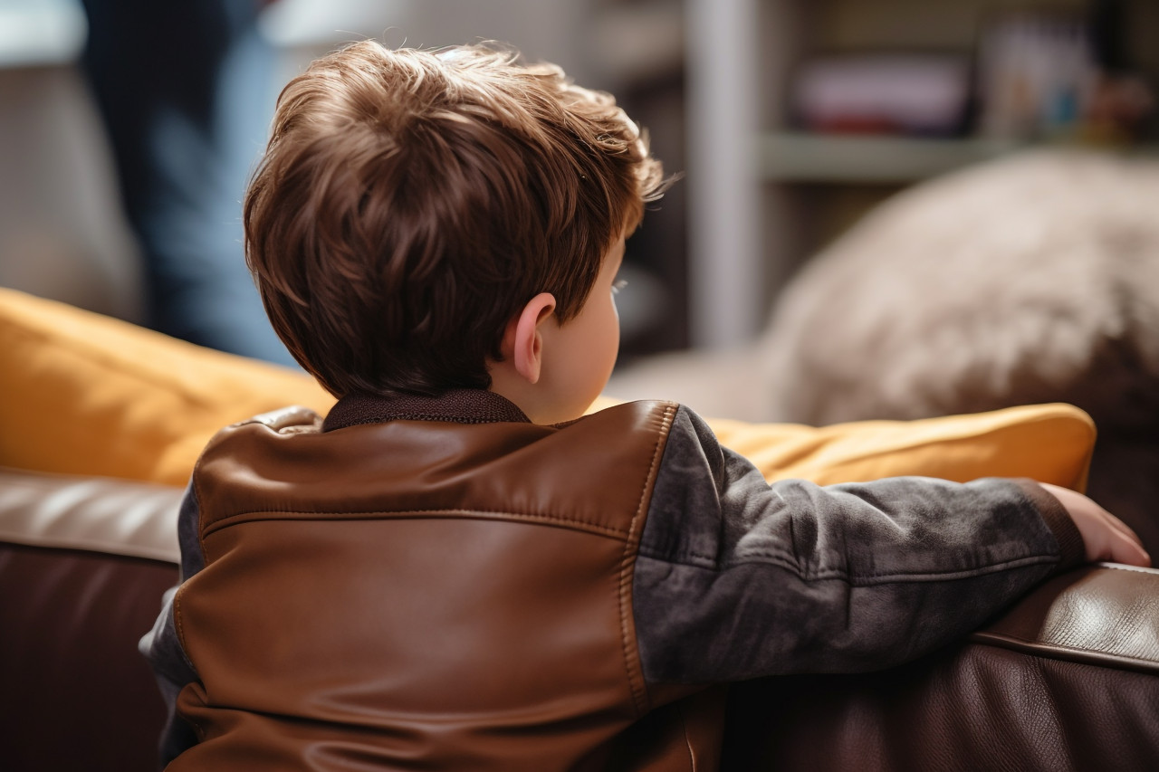 A photo of a father sitting on a couch with his preschool son talking and sharing their thoughts or problems the loving father is speaking to his little boy child and supporting him showing care and understanding, indoor activities for kids