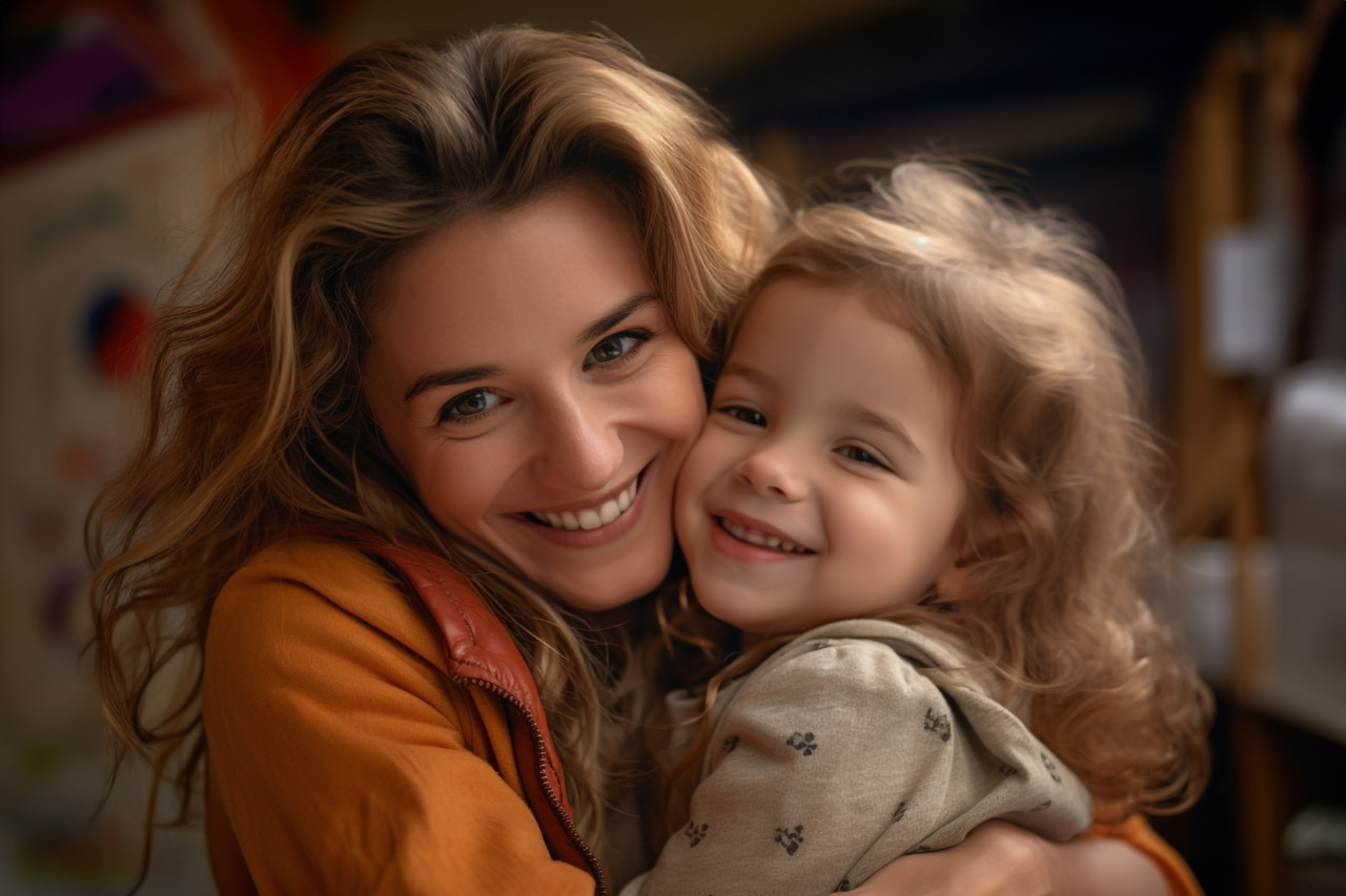A photo of a loving young woman hugging her little preschool daughter they are both happy, kids indoor activities