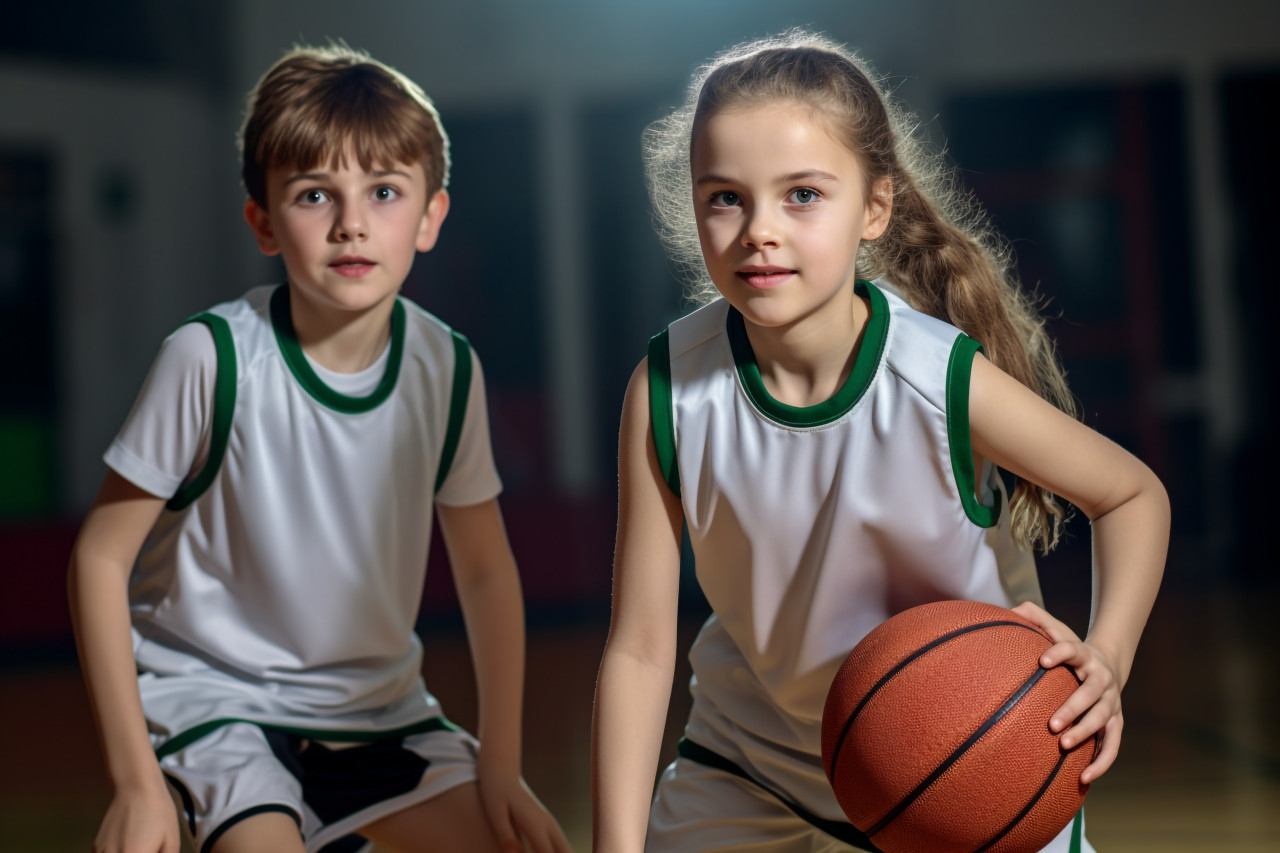 A picture of a boy and girl basketball players in their uniforms, indoor activities for kids