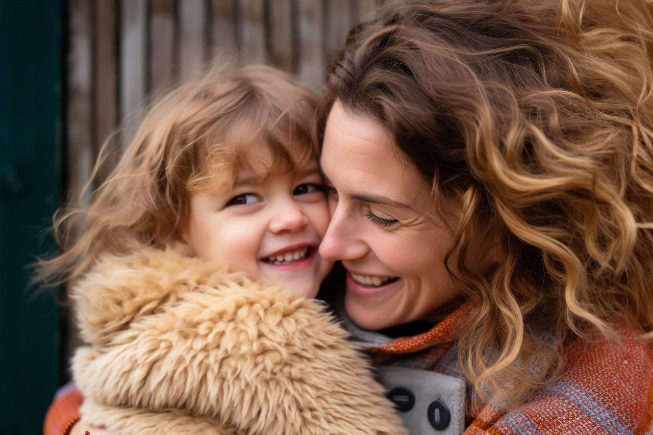 A photo of a loving young woman hugging her little preschool daughter they are both happy, kids indoor activities