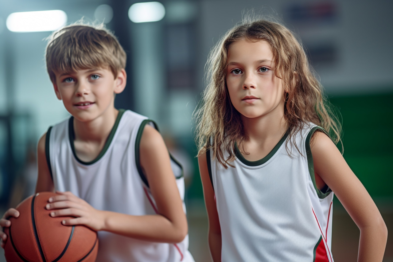 A picture of a boy and girl basketball players in their uniforms, indoor activities for kids