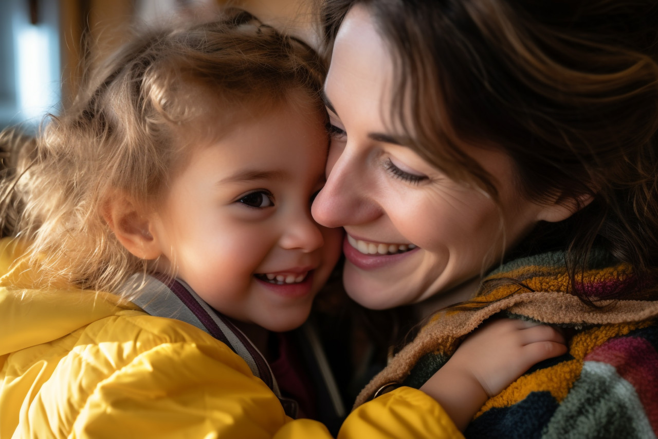 A photo of a loving young woman hugging her little preschool daughter they are both happy, kids indoor activities