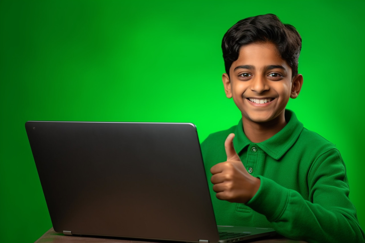 A picture of a young indian boy holding a laptop with a blank green screen and giving a thumbs up to the camera, kids indoor activities