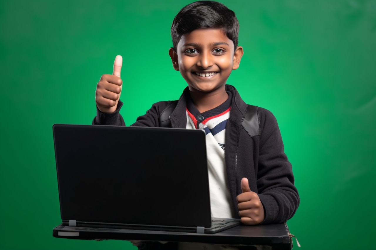 A picture of a young indian boy holding a laptop with a blank green screen and giving a thumbs up to the camera, kids indoor activities