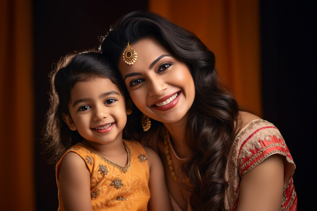 A photo of a happy and beautiful young indian mother and her cute daughter at home, lifestyle children indoors activitie