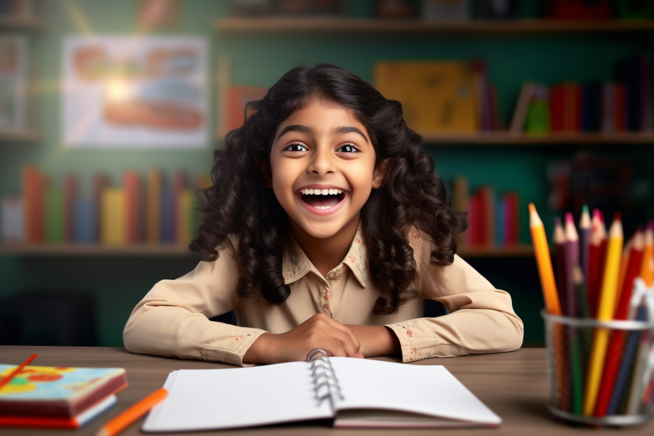 A photo of a happy cute and smart hispanic indian preteen schoolgirl studying at home she is sitting at a table and looking at the camera, lifestyle children indoors activitie